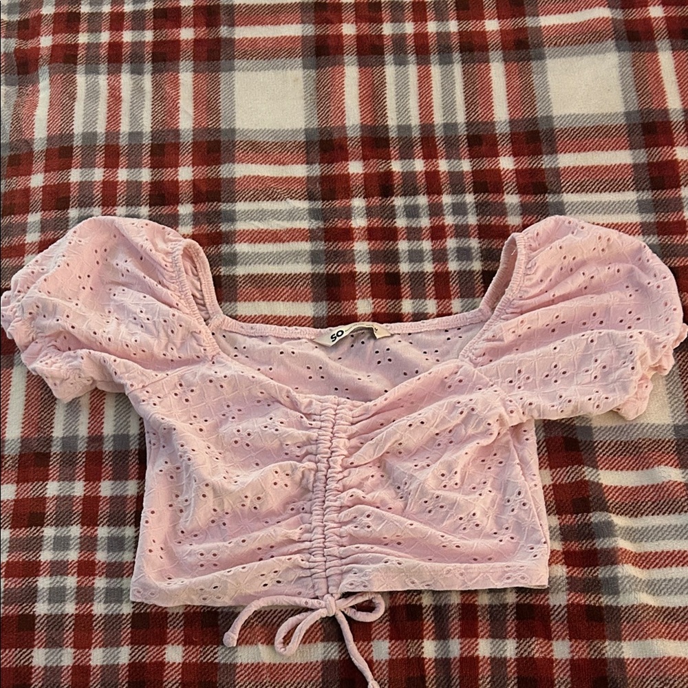 SO Light Pink Eyelet Ruched Crop Top
